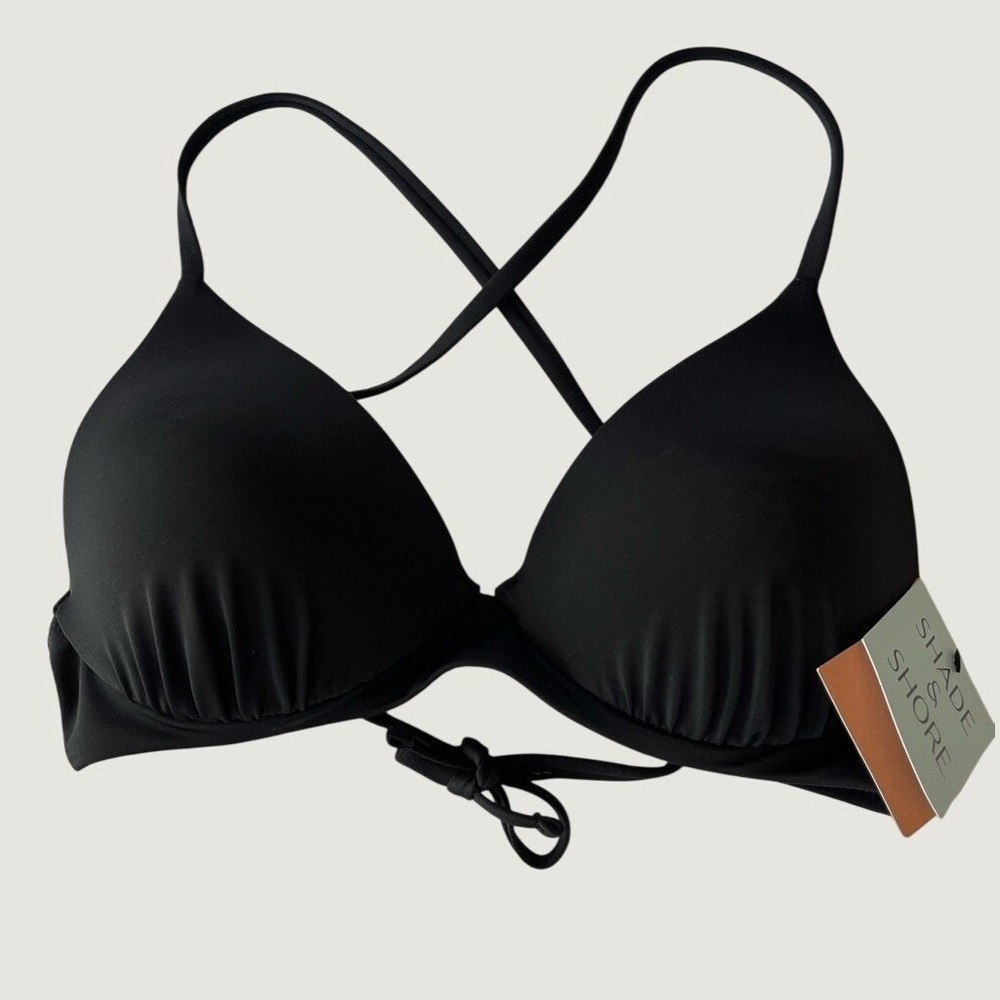 Shade & Shore Black Push Up Criss Cross Back Tie Bikini Top Womens 34C NWT